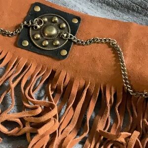 Suede fringe belt with hardware and chains